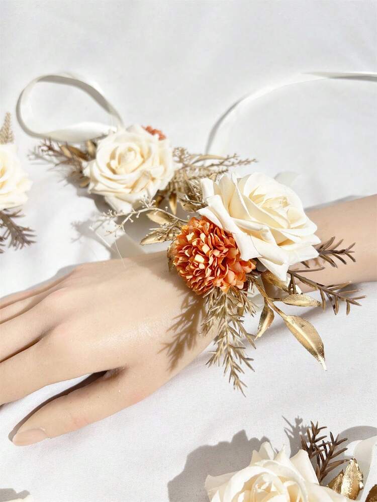 1朵/6朵人造香槟橙色花朵新娘手腕花伴娘姐妹手花婚礼DIY花卉派对装饰情人节配饰 - 彩色 - 查看 6