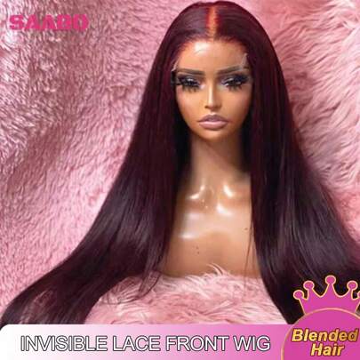 Straight Lace Front Wigs Human Blended Hair 13x4 HD Transparent Lace Front Burgundy Red Color Wig For Glueless Brazilian Virgin Hair Lace Frontal Wig 200% Density Pre Plucked With Baby Hair Hairline