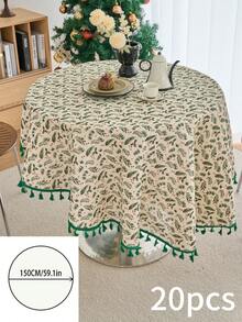 1pc Christmas Round Printed Tablecloth, Gold Foil Green Pine Branch Pattern, Fringed Kitchen Dining Table Decor Cloth For Christmas Holiday Family Gathering Party, Home Decoration - Multicolor - View 13