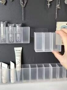 2pcs Minimalist Transparent Plastic Storage Boxes - Wall Mounted 3-Compartment Organizer - Suitable For Makeup Brushes, Pencils, Lipsticks - For Bedroom And Office Use - No Drilling Required