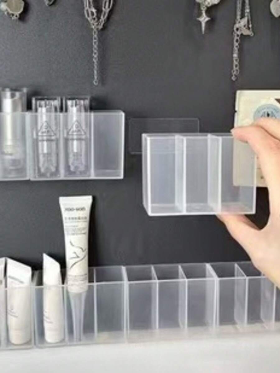 2pcs Minimalist Transparent Plastic Storage Boxes - Wall Mounted 3-Compartment Organizer - Suitable For Makeup Brushes, Pencils, Lipsticks - For Bedroom And Office Use - No Drilling Required