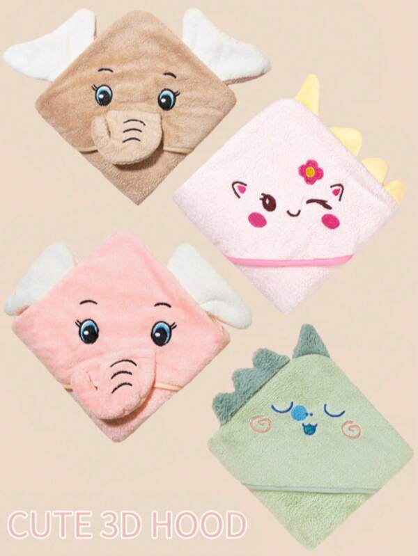 1pc Baby Hooded Towel, Cartoon Animal Elephant, Grey Bear, Pink Cat, Unicorn Embroidered Design Blanket