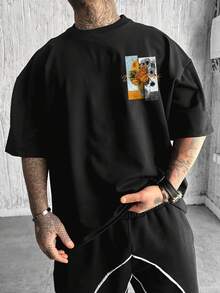 Men's Casual Graphic Tee, Van Gogh Sunflower Painting Digital Print Design, Loose Fit Crew Neck Pullover T-Shirt, Black - Black - View 2