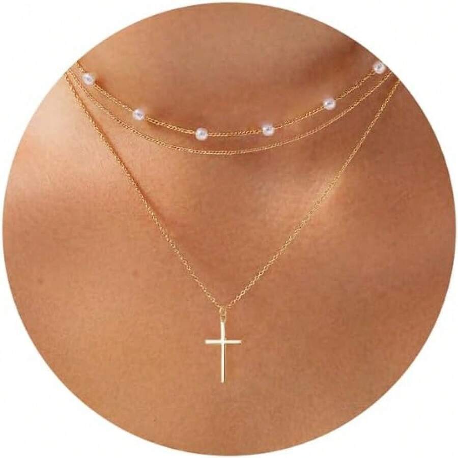 Cross Necklace For Women, Dainty 18K Gold Plated/Sterling Silver Small Cross Pendant Necklace Simple Gold Cross Necklaces For Women  Faith Jewelry Gift2025 - 三層十字珍珠金 - 查看 1