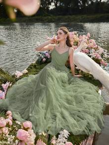 Faeriesty Elegant Women's Evening Gown With Delicate Thin Straps, Sheer Tulle Fabric, And Tiered Ruffle A-Line Skirt | Sophisticated Formal Dress For Wedding Receptions, Masquerade Balls, Mystical Garden Parties, Formal Dinners, Black-Tie Events, Graduation Dress & Birthday Women Outfits,Spring Dresses Summer Outfits - Green - View 4