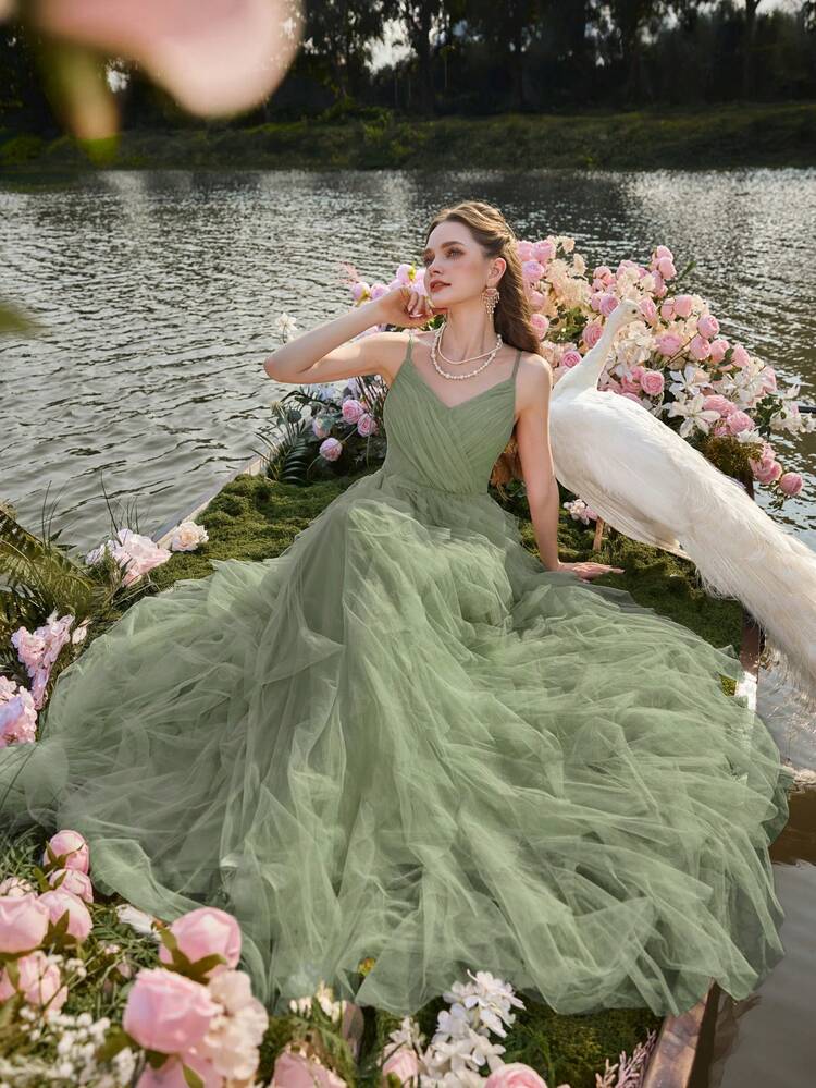 Faeriesty Elegant Women's Evening Gown With Delicate Thin Straps, Sheer Tulle Fabric, And Tiered Ruffle A-Line Skirt | Sophisticated Formal Dress For Wedding Receptions, Masquerade Balls, Mystical Garden Parties, Formal Dinners, Black-Tie Events, Graduation Dress & Birthday Women Outfits,Spring Dresses Summer Outfits - Green - View 3