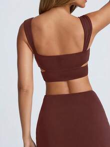 Women Elegant Sexy Hardware Detail Cut-Out Slim Fit Ruched V-Neck Crop Top - 酒紅色 - 查看 2