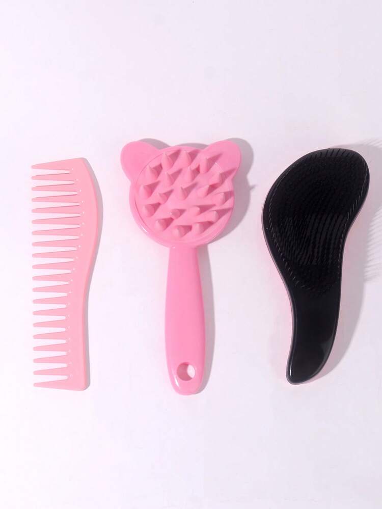 3pcs Set Of Smooth Hair Comb Soft Teeth, Wide Tooth Comb, Shampoo Grooming Head Brush With Handle, Plastic Straightening Massage Comb, Home Fluffy, Portable, Prevent Tangles, Special Comb For Concubines, Multi-Functional Comb Cover, Suitable For Wet Or Dry Hair, Fine Hair, Curly Hair, Thick Hair, African Hair - Pink - View 4