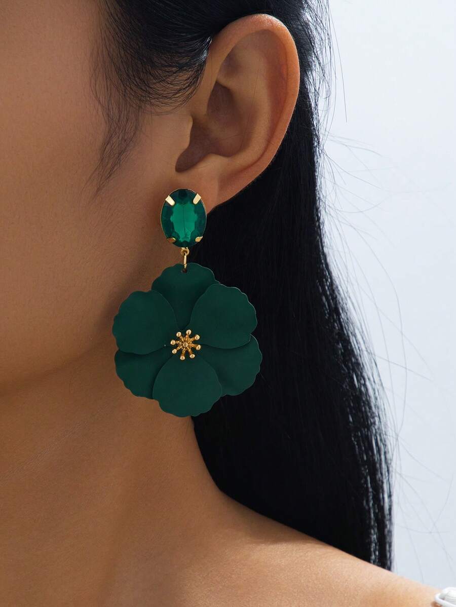 1 对充满活力的夏季假期多巴胺彩色珠饰双层花形吊坠耳环，适合女士日常佩戴、海滩、约会、派对礼物 - 綠色 - 查看 1