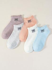 5双随机儿童芭蕾舞风格蝴蝶结短袜，适合女孩和年龄稍大的孩子夏季穿着，糖果色透气短袜，可爱清新蕾丝百搭袜