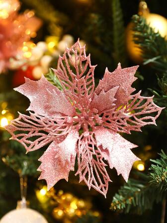 2pcs/6pcs/10pcs Glitter Christmas Poinsettia Flowers, Hollow Mesh Glitter Poinsettia Flowers, Christmas Decorations, Holiday Accessories, Christmas Tree, Wreaths, Glitter Poinsettia Christmas Tree Ornaments, Holiday Decor DIY Flower Wreath, Party Decor,Christmas