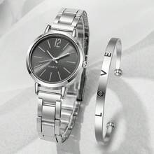 2 件套奢华金色女士手表女士手链不锈钢 LOVE 手链女士礼物 - 銀色 - 查看 3