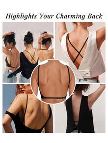 女士性感露背聚拢文胸 - U型和X型后背设计，可拆卸可调节肩带，适合搭配婚纱，无缝透气，轻盈舒适，通风性好，适合婚礼、正式场合、吊带裙，A/B罩杯 - 黑色 - 查看 5