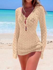 女式纯色波西米亚性感镂空透明钩针修身长袖 V 领罩衫短裙，春夏 - 駝色 - 查看 2
