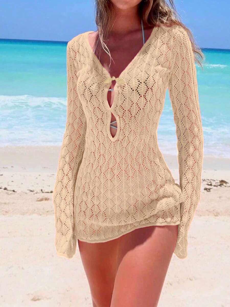 女式纯色波西米亚性感镂空透明钩针修身长袖 V 领罩衫短裙，春夏