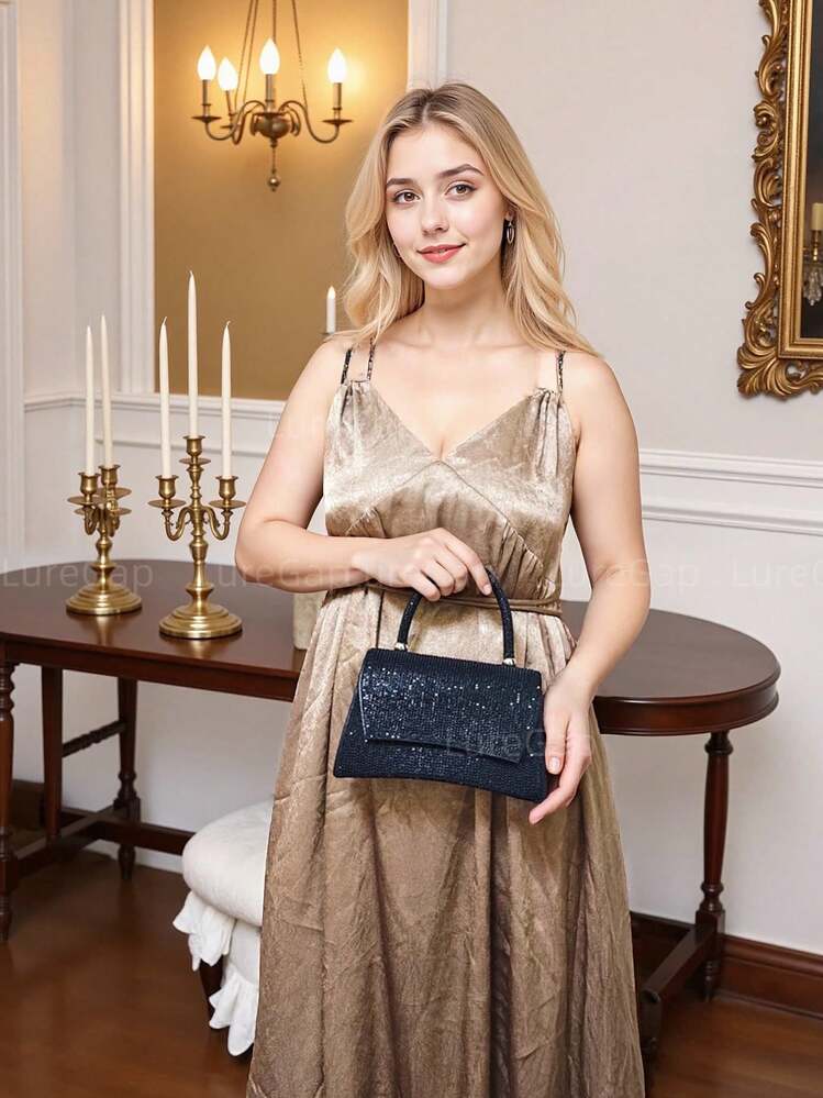 [Small Square Bag With Sparkle] Stylish & Sophisticated Small Square Bag - Rhinestone & Faux Pearl Embellishments, Sparkling Design | Perfect For Evening Wear | Shoulder Or Hand-Carried | Adds Elegance To Outfits - Multicolor - View 4