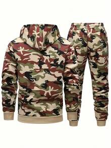 Men's Camouflage Zippered Hoodie And Sweatpants Set - Casual 2-Piece Polyester Zippered Sweatshirt Set, Long Sleeves, Machine Washable, Suitable For Spring/Autumn  Tropical    Spring/Fall    Loose    Zipper  Pocket  Drawstring - Khaki - View 2