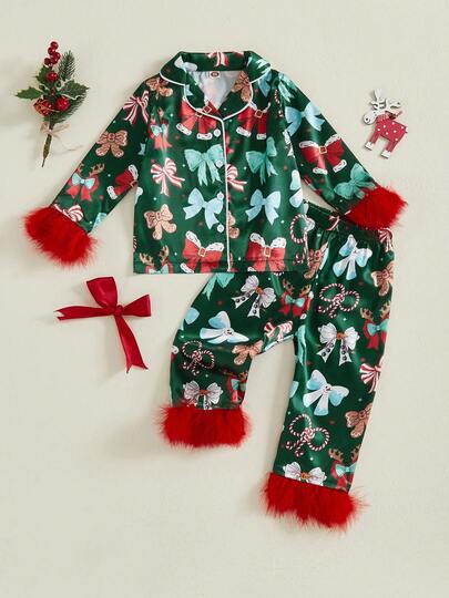 Kid Girls Christmas 2Pcs Pajama Set Long Sleeve Bow Print Button Shirt + Pants Set Toddler