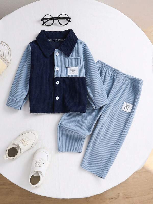 Cardigan casual com gola polo e bloco de cores para bebês meninos, camisa de manga comprida combinada com conjunto de calças compridas simples e sólidas, adequado para o outono