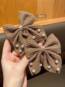 2pcs Fashionable & Sweet Bowknot Hair Clips, Suitable For Daily Use - Coffee Brown - View 3