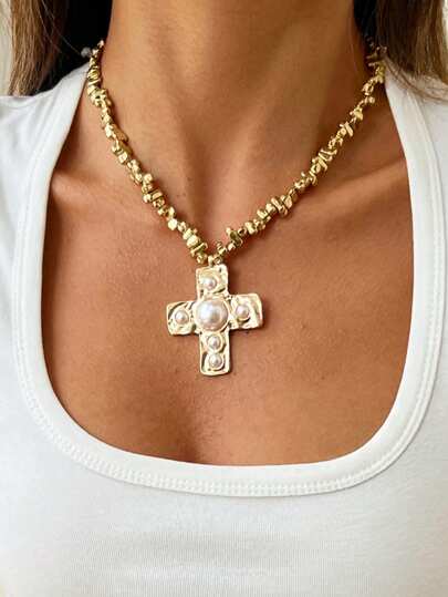 1pc Fashionable Personalized High-End Versatile Lava Textured Cross Pendant Necklace Set For Women, Suitable For Any Occasion, Great Gift Choice