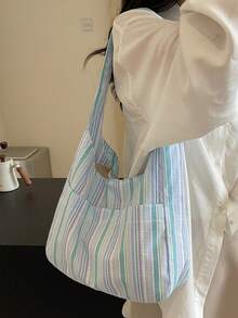 Large Capacity Women's Cloth Bag, Shoulder Bag, Casual Versatile Striped Tote Bag - Blue - View 2
