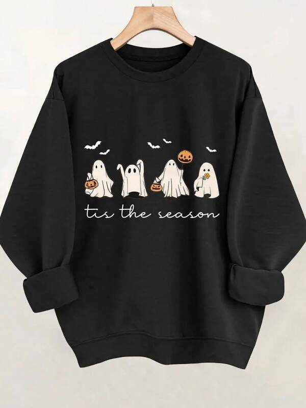 Women's Halloween Graphic Crewneck Sweatshirt - Cute Ghosts, Pumpkins & Bats Print With "Tis The Season" Text - Casual Pullover, Medium Stretch, Machine Washable, All-Season Comfort, Halloween Clothes, Seasonal Fashion, Comfortable Fit