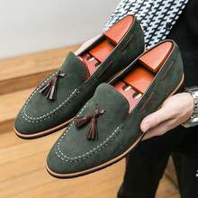 Men's English Frosted Leather Oxford Shoes, Dress Loafers, Business Casual Pointed Toe Fringed Loafers - 綠色 - 查看 1