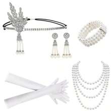 6-Piece Set Of 1920s Women's Wedding Celebration Makeup Ball Gatsby Series Retro Elegant Hepburn Style Accessories, Rhinestone Alloy Tassel Headband, Pendant Earrings, Imitation Bracelet Necklace, Long Gloves, Pipe Halloween - Multicolor - View 4