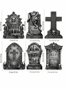 Set de 6 lápidas de Halloween, estaca de cementerio para el jardín, señal de lápida con base aterradora, material de PP, señal de lápida de tamaño grande reutilizable, grietas realistas, fácil de instalar, adecuado para decoración de lápidas en el jardín, decoración de fiesta de miedo al aire libre, decoración de ambiente de cementerio en el jardín