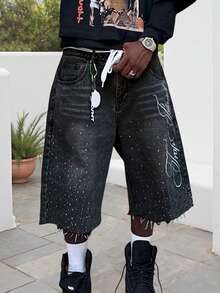 Men's Summer Casual Denim Shorts Knee Length  Letter Embroidered Rhinestone Jeans Shorts - Black - View 5