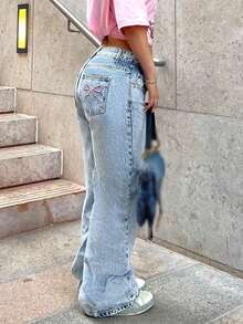 Fashionable Millennium Style Casual Women's Classic Light-Colored Embroidered Back Pocket Straight-Leg Long Jeans - Rửa nhẹ - Xem 3