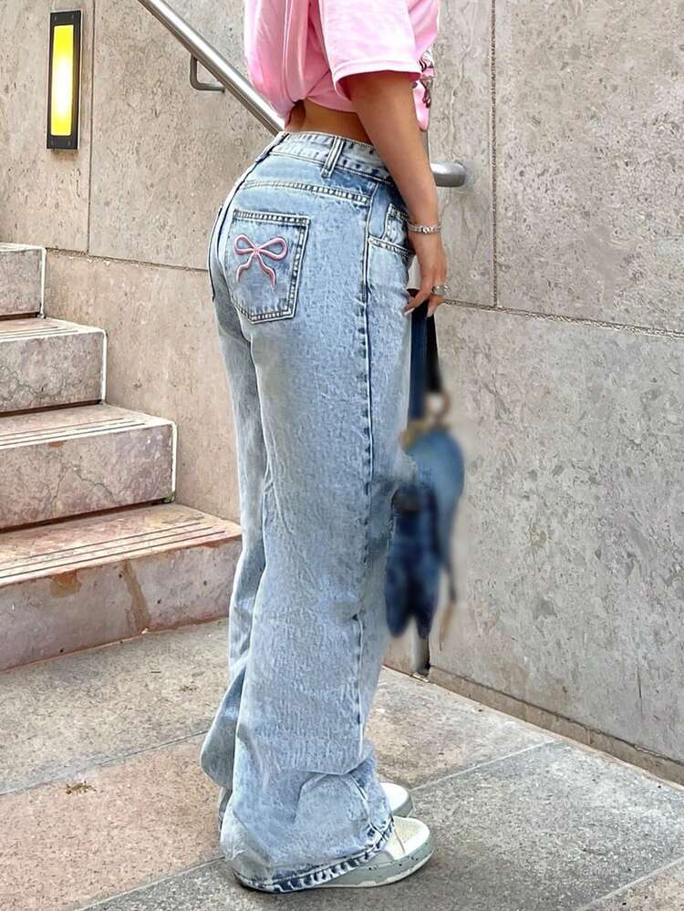 Fashionable Millennium Style Casual Women's Classic Light-Colored Embroidered Back Pocket Straight-Leg Long Jeans - 淺色水洗藍 - 查看 3