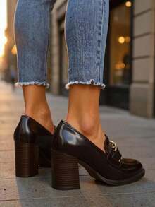 Persephone Nero Women's Block Heel LoafersLeather Gold Buckle