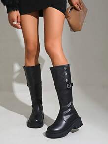 女式中筒骑士靴，2024年秋冬新款，带扣设计，高筒，厚底，过膝靴 - 黑色 - 查看 2