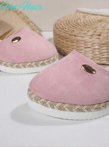 Foot Flair Women Plus Size Color-Block Strap Backless Flat Rope-Sole Sandals, Beach Resort Style, Summer New Lightweight Thick-Sole Roman Sandals - Pink - View 6