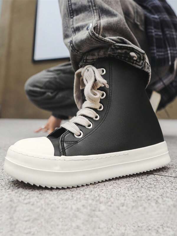 Zapatillas deportivas de mujer de dos tonos con cordones y cremallera lateral, zapatos casuales de skate de cuero negro planos y gruesos con cordones para pareja