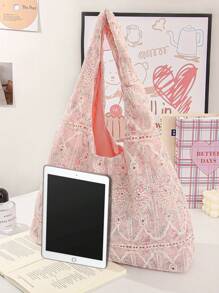 1个粉色蕾丝花卉单肩包，花卉美学，时尚休闲大容量手提包，可收纳平板电脑、卫生巾、护垫、有线耳机、耳塞、头戴式耳机、充电器、口红、化妆品、笔记本电脑、家居装饰品，适合妈妈、学生、上班族、通勤族、钥匙收纳，节日礼物 - 粉色 - 查看 2