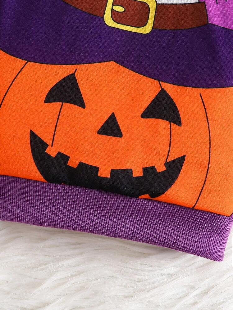 2pcs Baby Boy Halloween Pumpkin & Bat Cartoon Print Long Sleeve Crew Neck Sweatshirt And Pants Set, Suitable For Autumn - Mauve Purple - View 8