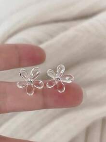 1 对简约透明花卉耳钉，甜美百搭的时尚耳环 - 白色 - 查看 4