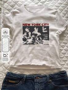 女装夏季字母印花休闲简约辣妹街头宽松日常圆领短袖宽松T恤上衣女装出街休闲上衣 - 白色 - 查看 1