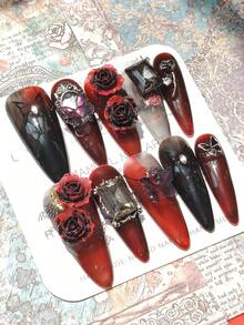 1包/10件万圣节深玫瑰方形钻石蝴蝶幻影纯手工可穿戴美甲贴片美甲用品指甲