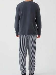 Piżama męska na wiosnę i jesień, okrągły dekolt, bluza z nadrukiem astronauty i niedźwiedzia, długi rękaw, spodnie w paski, dwuczęściowy zestaw, swobodny, wygodny, można nosić poza domem, ubrania na zimę - Wielokolorowe - Zobacz 4