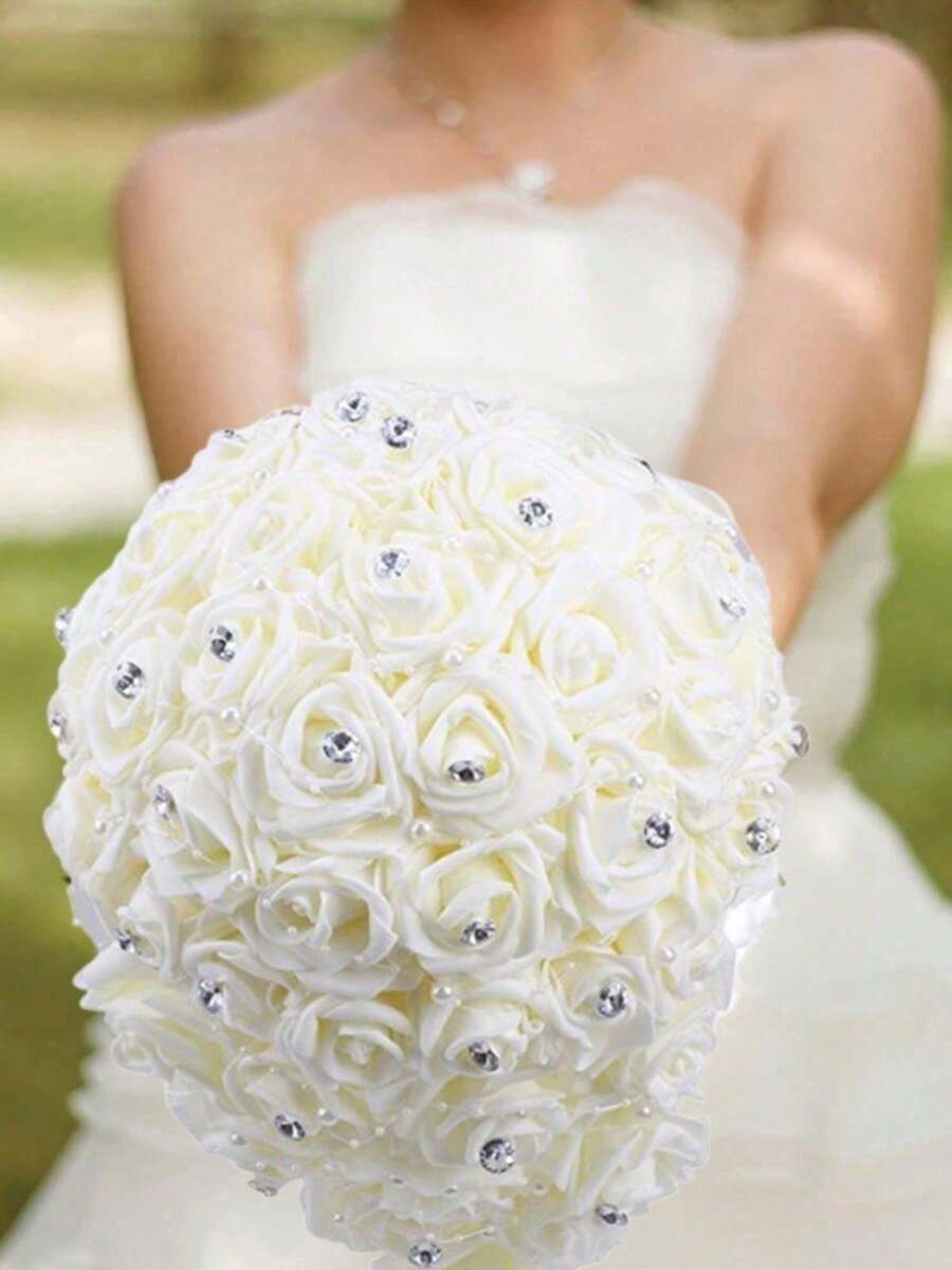 1PC Wedding Bouquet For Bride, 11.8in Simple Bride Bridesmaid Holding Bouquet PE Foam Pearl Rhinestone DIY Bouquet Wedding Decoration, Wedding Decorations, Mother's Day Valentine's Day Anniversary Gifts Party Favors Room Decor - Ngà voi - Xem 1