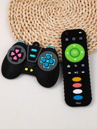 2pcs Silicone Teething Toys, Remote Control & Video Game Console Shape, Cartoon Design, Educational Chewing Toy For Baby 6-12 Months, Suitable For Boys And Girls