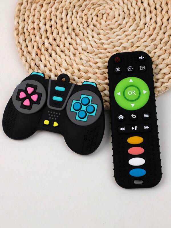 2 Peças Brinquedos de Dentição de Silicone, Formato de Controle Remoto e Console de Videogame, Design Cartoon, Brinquedo de Mastigação Educativo para Bebês de 6-12 Meses, Adequado para Meninos e Meninas
