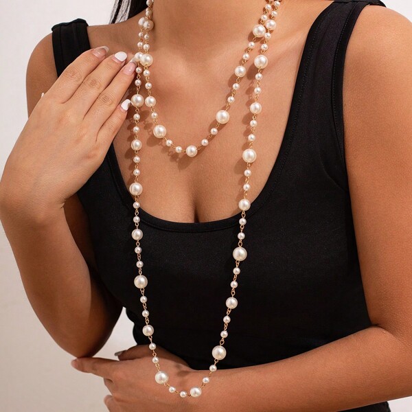 1pc Vintage Multi-Layer Faux Pearl Long Necklace, Fashionable Luxurious High-End Versatile Sweater Chain Necklace, Suitable For Parties, Gifts, And Daily Wear