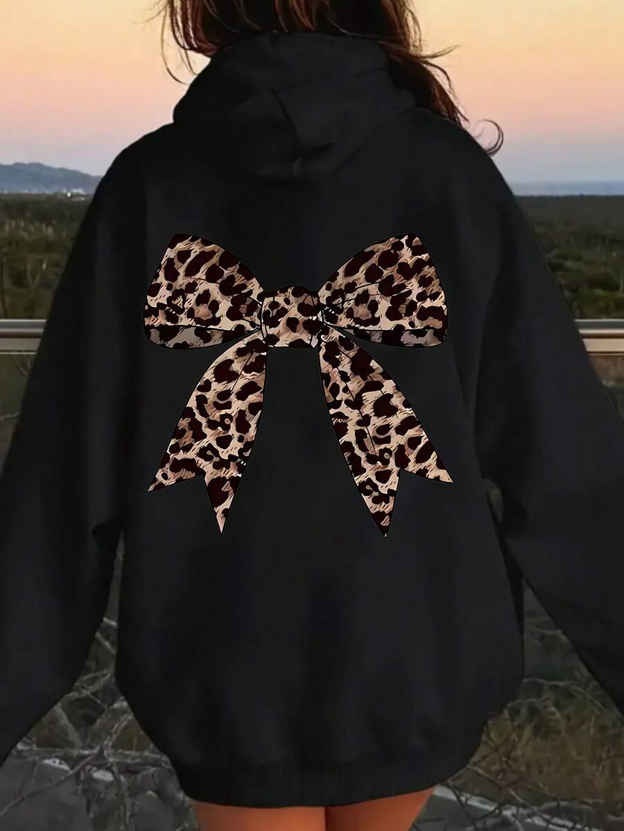 Women's Leopard Print Bow Detail Hoodie - High Street Casual Pullover With Pockets, Cozy Autumn Winter Fashion, Washable Versatile Sweatshirt, Cute Hoodies, Durable Fabric,Hoodies For Women - 黑色 - 查看 1