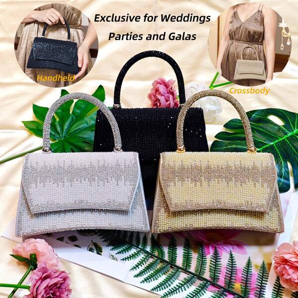 [Bolso cuadrado pequeño con brillo] Bolso cuadrado pequeño elegante y sofisticado - Adornos de strass y perlas falsas, diseño brillante | Perfecto para vestir de noche | Para llevar al hombro o en la mano | Agrega elegancia a los atuendos