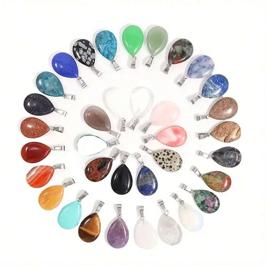 15/20/30pcs Assorted Natural Stone Pendant, Teardrop & Heart Shaped Charms, Suitable For Jewelry Making - Multicolor - View 1